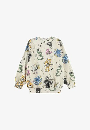 Sudadera color crema con dibujos de animales caricaturescos coloridos tocando instrumentos musicales y notas musicales dispersas por toda la tela.