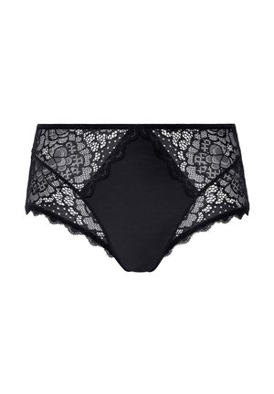 Czarna bielizna z koronkowymi panelami po bokach, falbánkowymi brzegami oraz solidnym środkowym fragmentem z tkaniny. Miękka tekstura i skomplikowane detale koronkowe.
