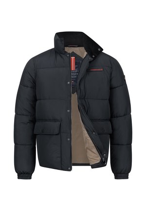 Czarna kurtka puchowa z zamkiem z przodu, wysokim kołnierzem, dwoma przednimi kieszeniami i beżową podszewką. Posiada logo marki na klatce piersiowej.