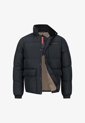 Czarna kurtka puchowa z zamkiem z przodu, wysokim kołnierzem, dwoma przednimi kieszeniami i beżową podszewką. Posiada logo marki na klatce piersiowej.