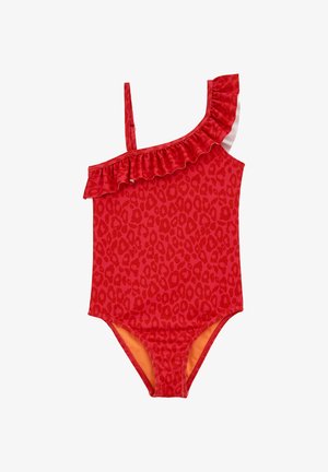 Sarkans viengabala peldkostīms ar leoparda rakstu, vienu plecu siksniņu, volānveida detaļu un oranžu oderējumu apakšā. Gluda auduma tekstūra.