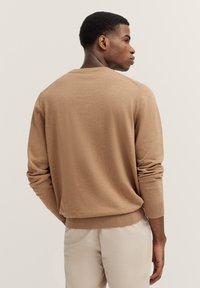 Beige Pullover, runder Halsausschnitt, gerippte Bündchen und Saum. Weicher Stoff, leichtes Material, lockere Passform, von hinten gesehen ohne sichtbare Muster.