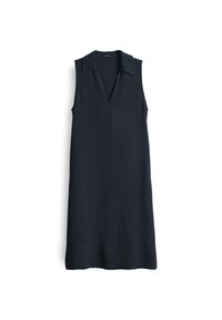 Sleeveless, V-neck dress in dark navy. Made of smooth fabric with a collar and straight cut, featuring a clean hem and minimalist design.