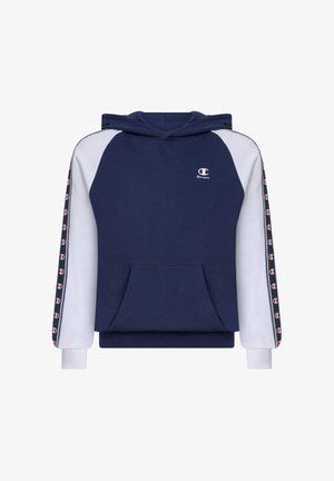 Granatowo-biała bluza Champion z kapturem, kieszenią z przodu oraz paskami z logo na rękawach.