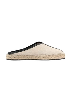 Espadrille beige à enfiler avec bordure noire et semelle en jute tressée, vue de côté sur fond blanc.