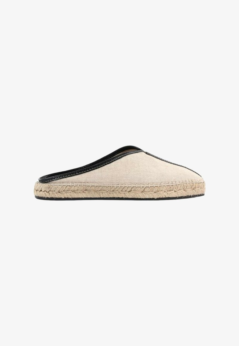 Espadrille beige à enfiler avec bordure noire et semelle en jute tressée, vue de côté sur fond blanc.