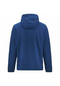Felpa con cappuccio di colore blu navy, dal design aderente, con maniche lunghe, cappuccio regolabile con lacci e polsini a coste. Tessuto liscio senza motivi o loghi visibili.