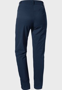 Navyblaue Outdoor-Hosen mit glatter Textur, geraden Beinen und einem dezenten Logo auf der Rückseite. Enthalten subtile Taschen-Details.