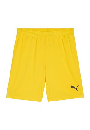 Geel sportshorts met een elastische tailleband, gemaakt van lichtgewicht stof, met een zwart Puma-logo op de linksonderzijde.