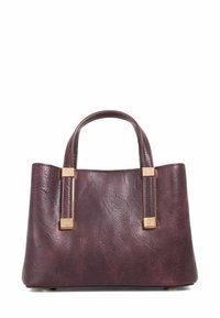 Bordeaux leren tote bag met een gestructureerd oppervlak, twee handvatten en metalen accenten op de handvatten, met een gestructureerde vorm.