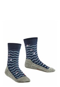 Marineblaue Socken mit Wellenmuster, grauer Ferse und Zehen, verziert mit roten und weißen Akzenten. Gerippter Bund für einen besseren Sitz und Komfort.
