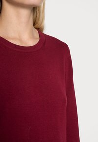 Close-up van een persoon die een eenvoudig bordeauxrood gebreid sweater met een ronde hals en lange mouwen draagt tegen een witte achtergrond.