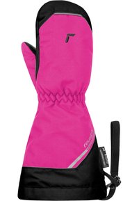 Rosa wasserdichte Handschuhe mit schwarzen Akzenten, elastischem Bündchen und reflektierendem Streifen. Hergestellt aus synthetischem Material mit strukturierter Außenfläche.