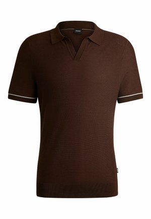 Brown short-sleeve polo shirt made of textured fabric, featuring a notched collar and contrasting white stripes on the sleeves.