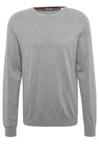Grau pullover mit langen Ärmeln, Rundhalsausschnitt, aus weichem Strickmaterial. Verfügt über ein kleines Logo auf der Brust und gerippte Bündchen.