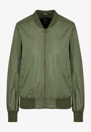 Alyvuogių žalia bomber stiliaus striukė, pagaminta iš blizgaus audinio, su užtrauktuku priekyje, gumuotais rankogaliais ir prigludusia liemenėle, turinti diskretiškas šonines kišenes.