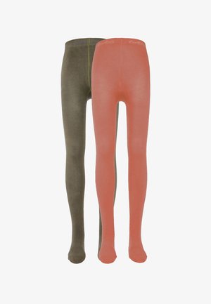 Duas meias-calças infantis: uma verde oliva e uma coral, ambas com uma textura suave e apresentando cinturas com logótipos estampados.