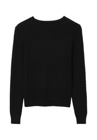 Maglione nero a maglia grossa con maniche lunghe, scollatura rotonda e orlo a coste. La trama presenta motivi intrecciati in rilievo.