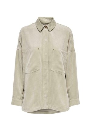 Helles grünes Kordhemd mit Knopfverschluss, Kragen, zwei Brusttaschen und weiten Ärmeln. Es hat eine sichtbare vertikale Rippstruktur.