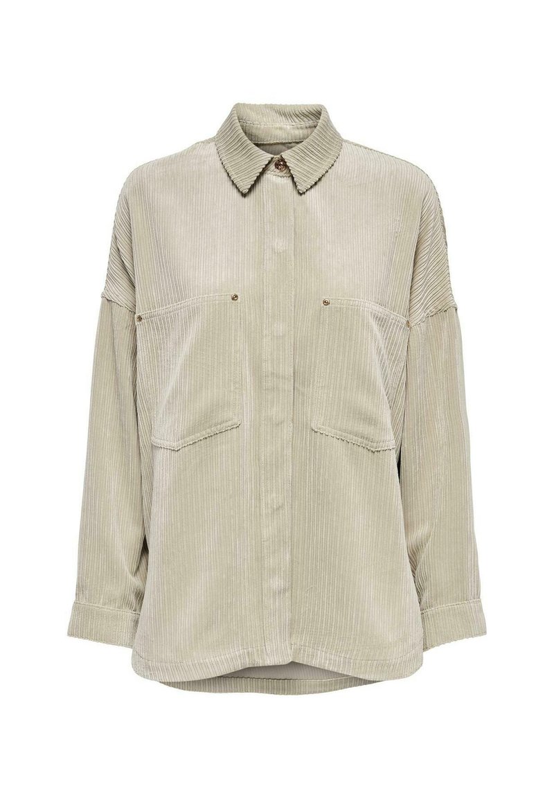 Helles grünes Kordhemd mit Knopfverschluss, Kragen, zwei Brusttaschen und weiten Ärmeln. Es hat eine sichtbare vertikale Rippstruktur.