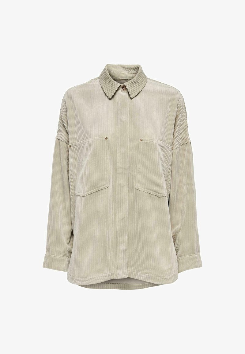 Helles grünes Kordhemd mit Knopfverschluss, Kragen, zwei Brusttaschen und weiten Ärmeln. Es hat eine sichtbare vertikale Rippstruktur.