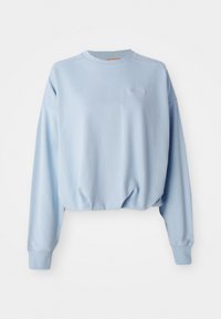 Lyseblå kort sweatshirt med lange ermer, ribbede mansjetter og rund hals. Har en liten brodert logo på brystet. Myk tekstur.