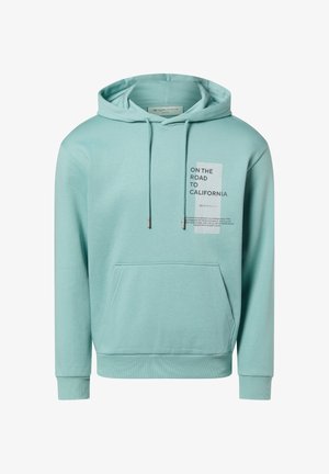 Minzgrüner Hoodie mit Kängurutasche, Kapuze mit Kordelzug und bedrucktem Text auf der Vorderseite. Weicher Stoff mit gerippten Bündchen und Saum.