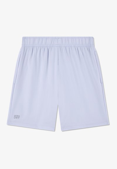 Shorts de sport bleu clair avec une ceinture élastique, des poches latérales et une texture en mesh. Dotés du logo "ULTRA DRY" sur la jambe gauche.
