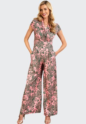 Completo rosa con un motivo floreale a spirale in verde, dotato di maniche corte, design avvolgente e tasche laterali. Tessuto morbido e gambe larghe.