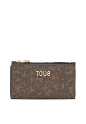 Portafoglio Tous marrone con motivo a linee astratte, cerniera dorata e logo Tous dorato centrato sul davanti.
