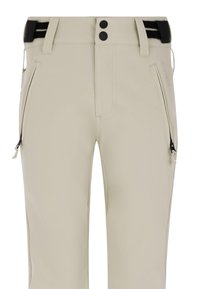 Pantalon beige avec deux poches avant zippées, pattes de ceinture ajustables noires et double bouton noir à la taille devant.