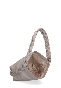 Borsa a tracolla grigia in pelle con manico intrecciato, ampia interni e chiusura con zip. L'interno è foderato e presenta una piccola tasca con zip.
