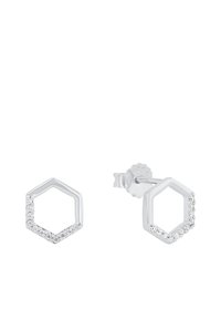 Pendientes de plata en forma hexagonal con piedras de strass transparentes a lo largo de uno de los bordes. Diseño plano con acabado pulido y cierre de tipo stud.