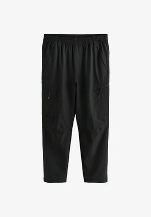 Pantaloni cargo negri, confecționați dintr-un material ușor, cu un brâu elastic, două buzunare laterale și o textură netedă.
