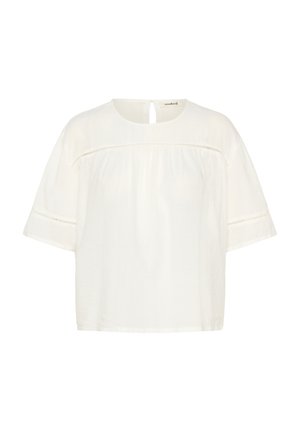 Balta trumpa rankovėmis bluzė su apvaliu kaklu, tekstūruotas audinys, klostuota priekinė dalis ir mažas rakto skylės išpjova gale su siuvinėjimo detalėmis.