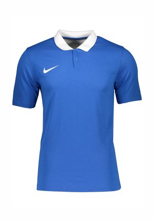 Polo shirt in poliestere blu con colletto bianco e maniche corte, caratterizzato da un piccolo logo Nike bianco sul lato sinistro.