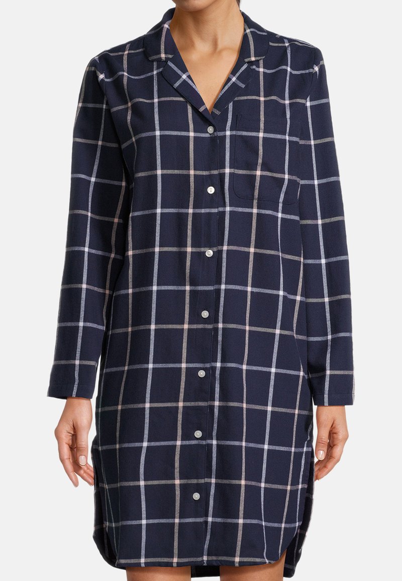 Vestito blu navy a maniche lunghe con motivo a griglia grigio chiaro e beige, chiusura a bottoni frontale, colletto e una tasca sul petto.