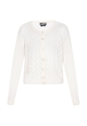 White knitted cardigan featuring a textured wave pattern, rounded neckline, long sleeves, and front buttons.