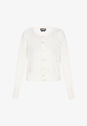 Valge kudum cardigan, millel on tekstuuriga laine muster, ümar kaelus, pikad varrukad ja esipaneelil nööbid.