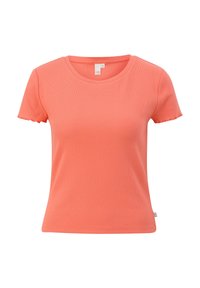 T-shirt corail à manches courtes en maille côtelée avec col rond et bords de manches froncés, taille petite.