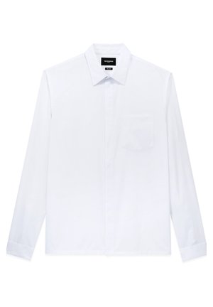 Biała koszula na długi rękaw z kołnierzykiem w szpic, pojedynczą kieszenią na piersi i ukrytymi guzikami z przodu.