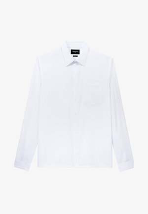 Camicia bianca a maniche lunghe con bottoni, colletto appuntito, taschino singolo sul petto e bottoni anteriori nascosti.