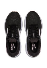 Scarpe da corsa nere con tomaia in mesh, dettagli bianchi, linguetta imbottita e suola ammortizzata. Presenta il marchio sulla linguetta e sui lati.
