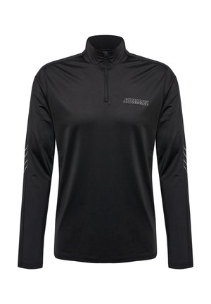 Zwarte sportieve top met lange mouwen en een halve rits kraag, voorzien van een subtiel logo en witte strepenaccenten op de mouwen, gemaakt van gladde, lichte stof.