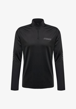 Schwarzes langärmeliges Sportoberteil mit einem Halbreißverschluss-kragen, ausgestattet mit einem dezenten Logo und weißen Streifenakzenten an den Ärmeln, hergestellt aus glattem, leichtem Stoff.