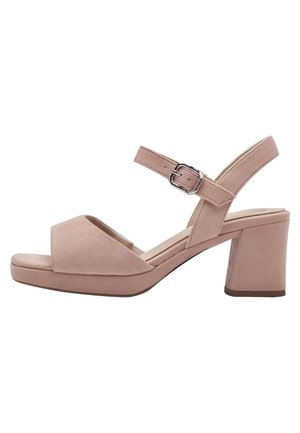 Avatud varbaga roosa seemisnahast naiste sandaal plokk-kandiga ja reguleeritava pahkluu rihmaga, millel on hõbedane pandl.