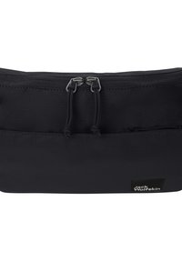 Borsa di stoffa nera con chiusura zippata e doppi tiranti in metallo, tasca frontale e una patch con logo. Superficie testurizzata con linee sottili.