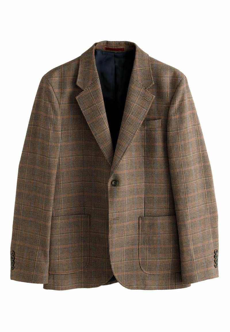 Brown checkered blazer with a notched lapel, single button closure, two front pockets, and textured fabric. Lined interior in a darker color.