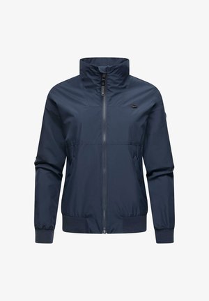 Marinblå vindjacka, lätt material, full dragkedja, hög krage, elastiska ärmmuddar, sidofickor, slät textur, minimal märkning.