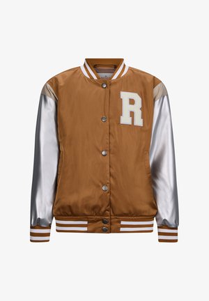 Braune Satin-Bomberjacke mit silbernen Satinärmeln, weißen gestreiften Rippenbündchen, Knopfverschluss und einem großen weißen "R"-Patch.